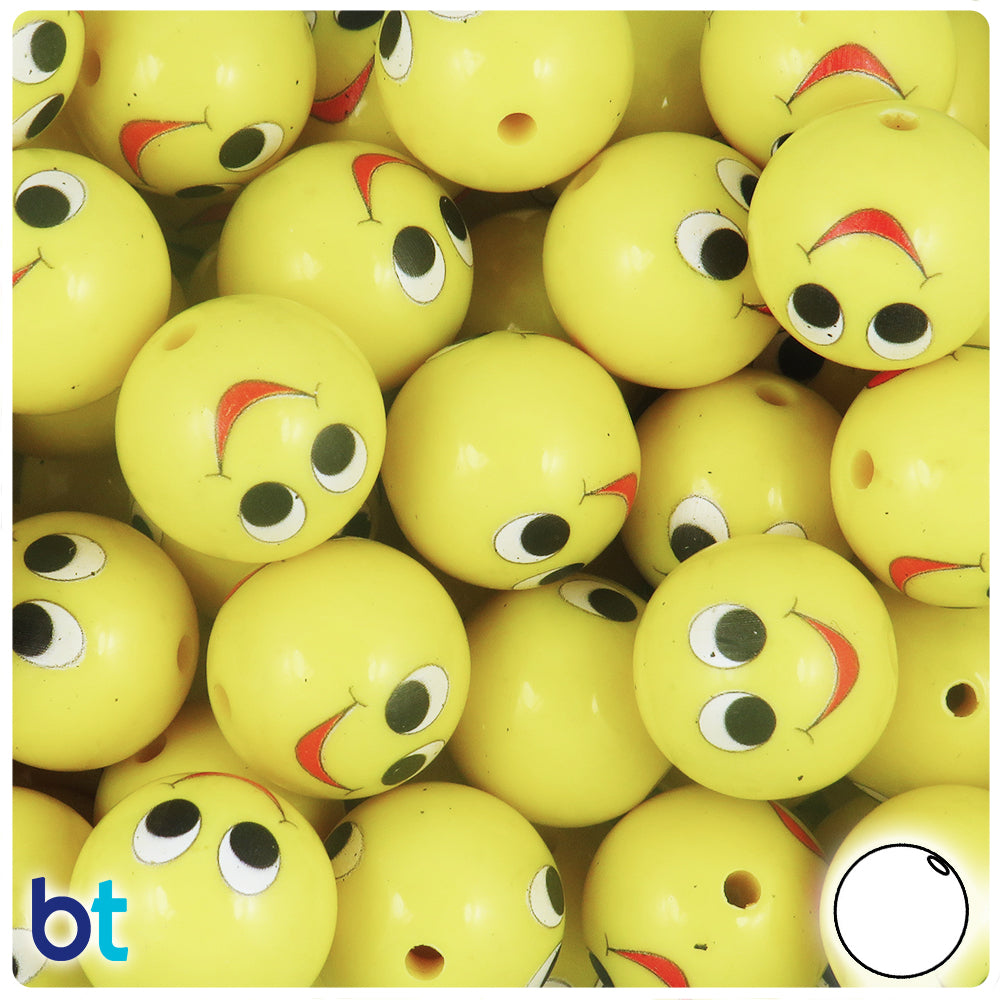 Yellow Opaque 20mm Round Plastic Beads - Black & Red Smiley Face Design (10pcs)
