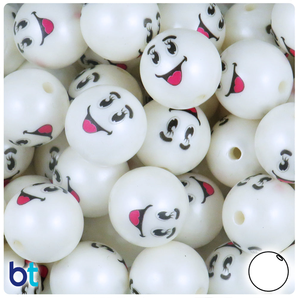 White Pearl 20mm Round Plastic Beads - Black & Red Smiley Face Design (10pcs)
