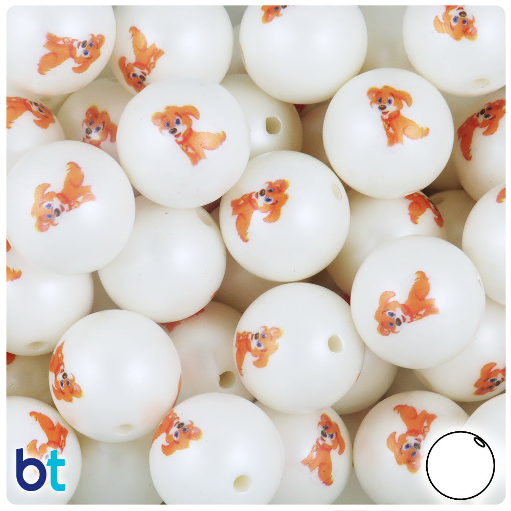 White Pearl 20mm Round Plastic Beads - Orange Dog Design (10pcs)