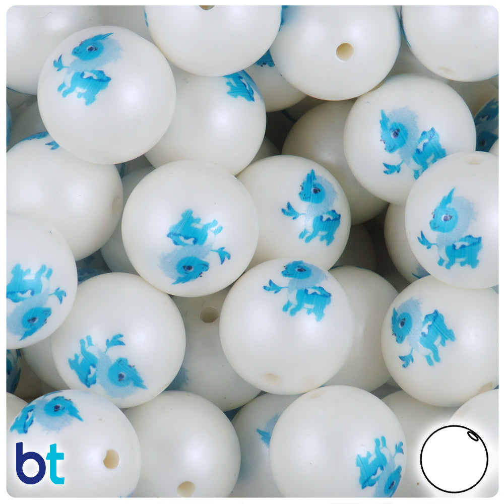 White Pearl 20mm Round Plastic Beads - Blue Dragon Design (10pcs)