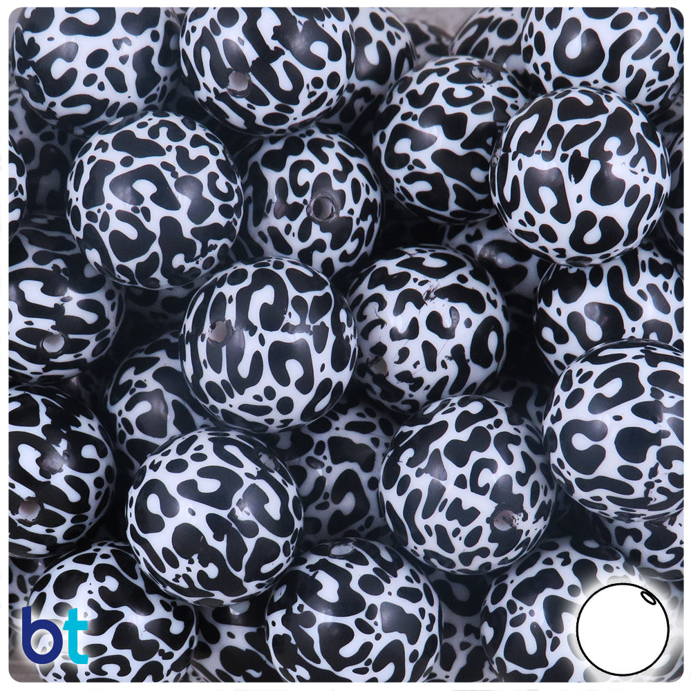 White Opaque 20mm Round Plastic Beads - Black Leopard Print Design (10pcs)