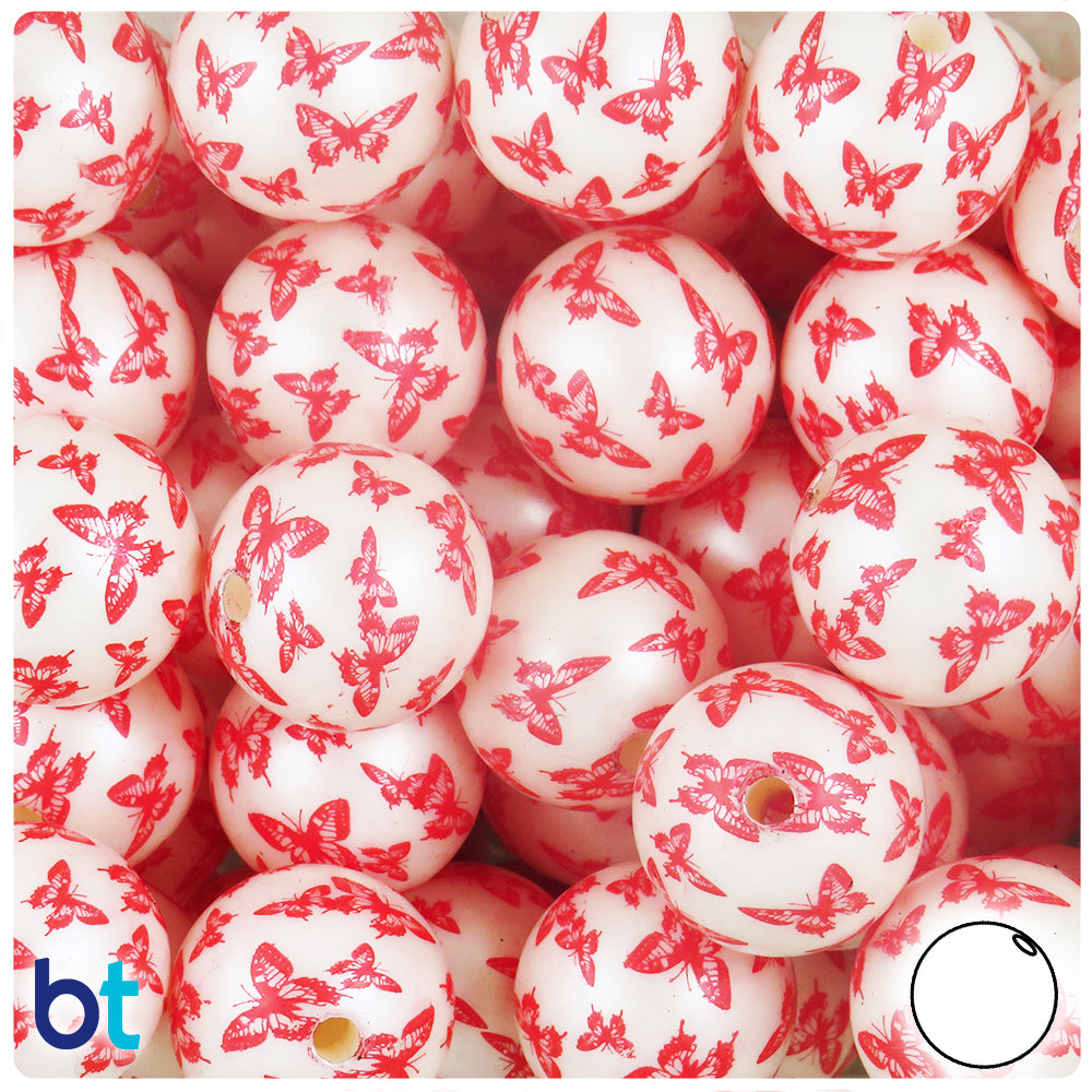 White Pearl 20mm Round Plastic Beads - Red Butterfly Design (10pcs)