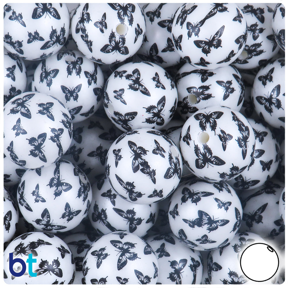 White Pearl 20mm Round Plastic Beads - Black Butterfly Design (10pcs)