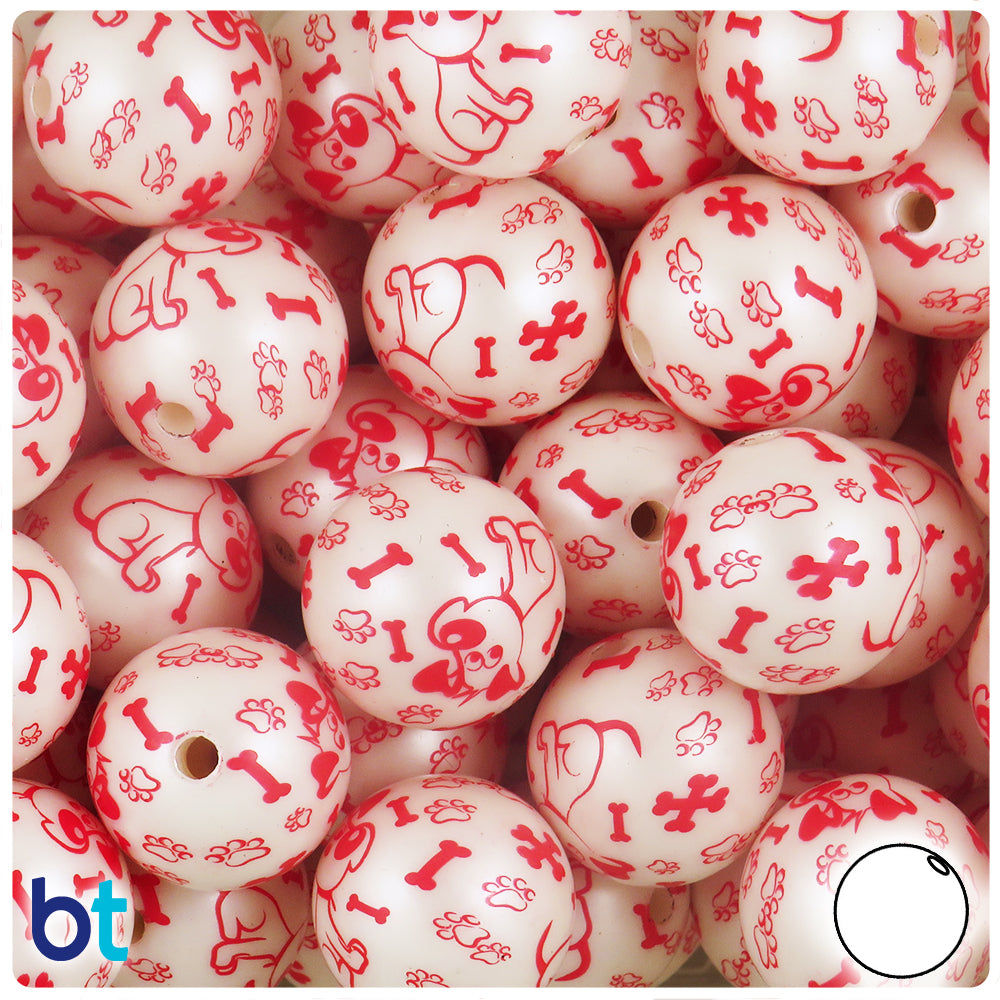 White Pearl 20mm Round Plastic Beads - Red Dog & Bone Design (10pcs)