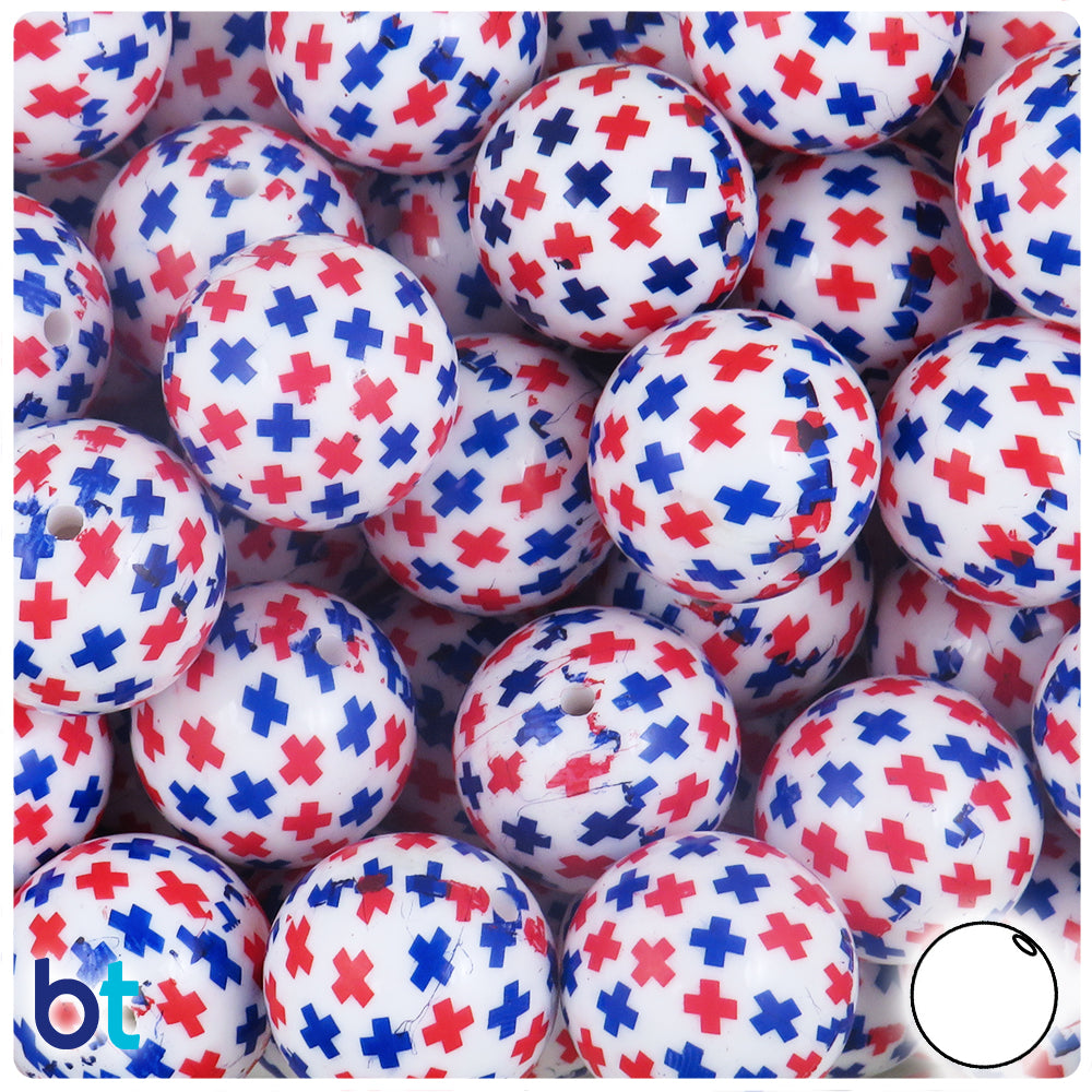 White Opaque 20mm Round Plastic Beads - Blue & Red Cross Design (10pcs)