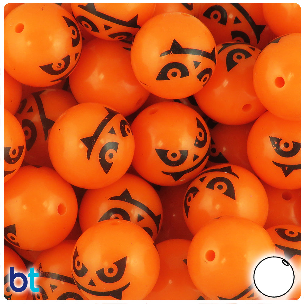Orange Opaque 20mm Round Plastic Beads - Black Evil Face Design (10pcs)