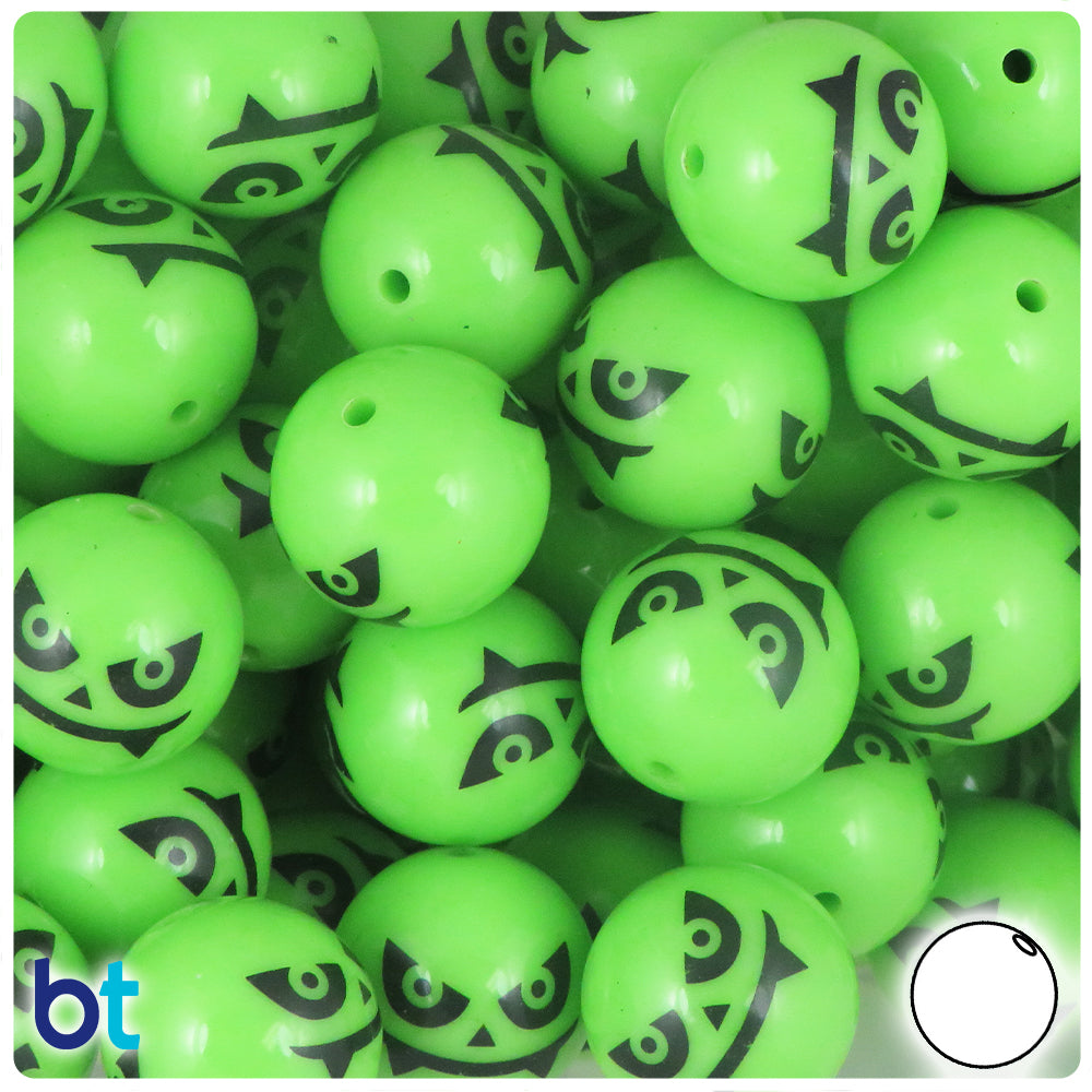 Green Opaque 20mm Round Plastic Beads - Black Evil Face Design (10pcs)