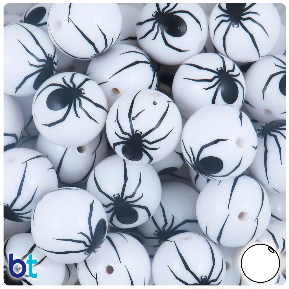 White Opaque 20mm Round Plastic Beads - Black Spider Design (10pcs)