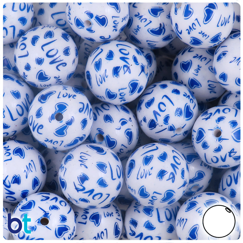 White Opaque 20mm Round Plastic Beads - Dark Blue Love Design (10pcs)