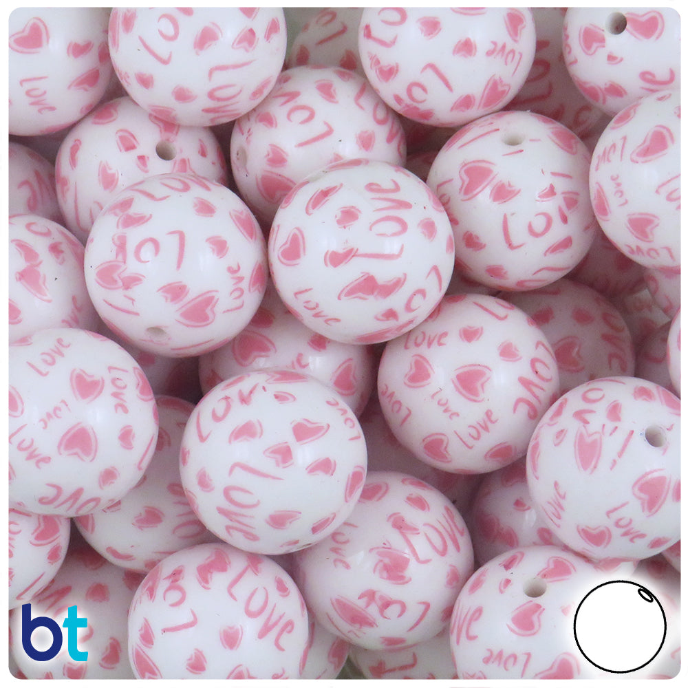 White Opaque 20mm Round Plastic Beads - Pink Love Design (10pcs)