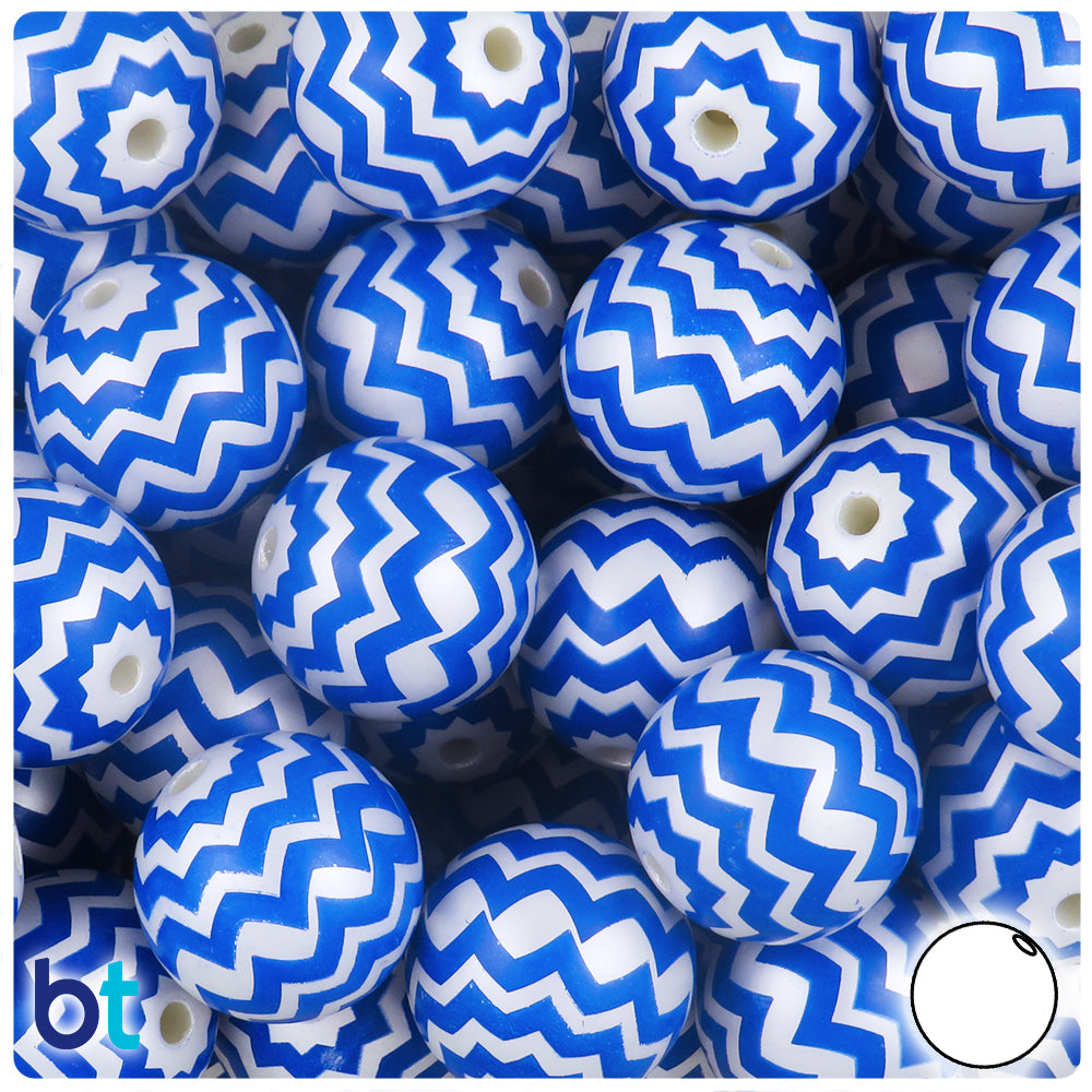 White Pearl 20mm Round Plastic Beads - Dark Blue Zigzag Design (10pcs)