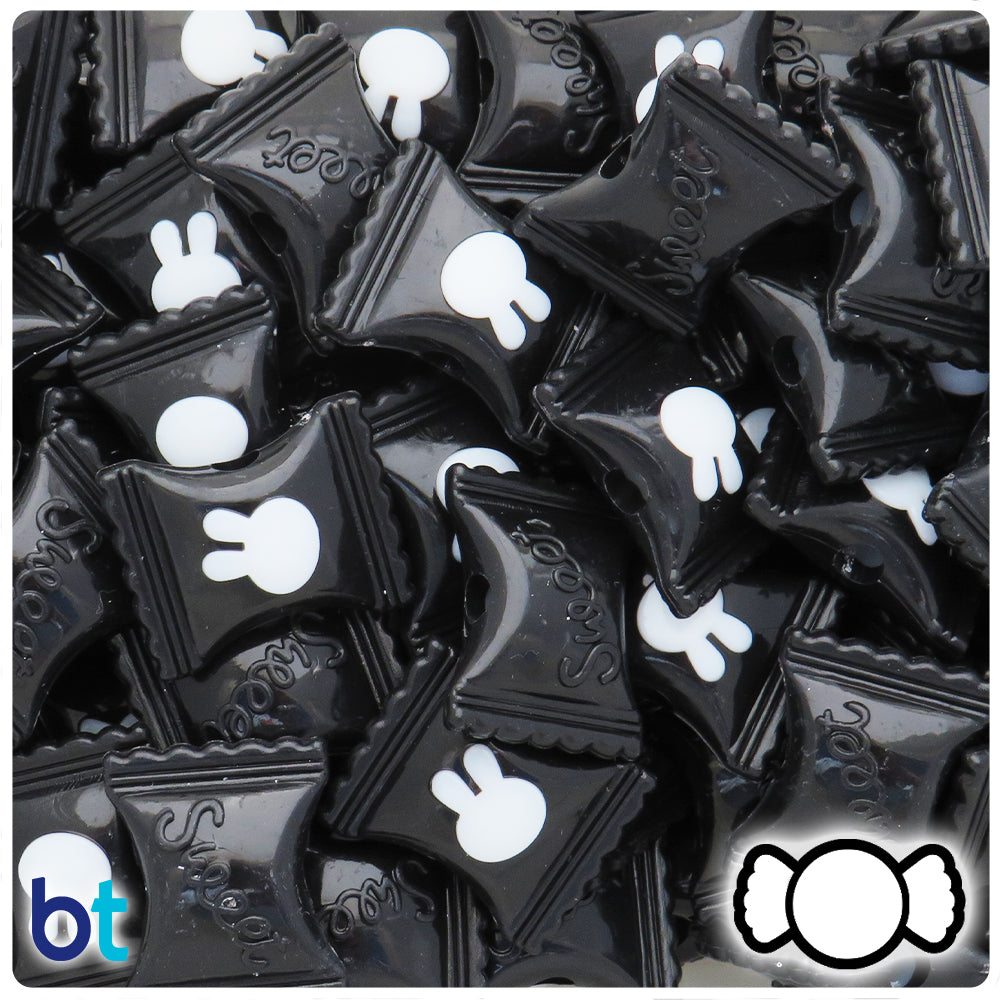 Black Opaque 21mm Candy Wrapper Plastic Beads - White Rabbit (30pcs)