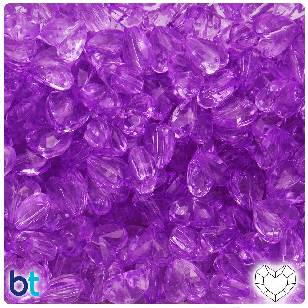 Purple Transparent 12mm Faceted Heart Plastic Beads (100pcs)