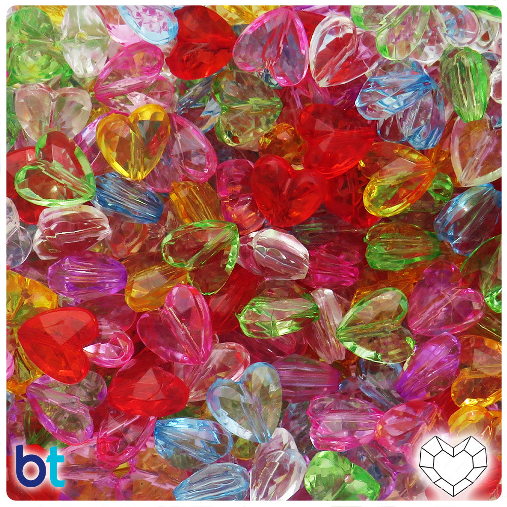 Mixed Transparent 12mm Faceted Heart Plastic Beads (100pcs)