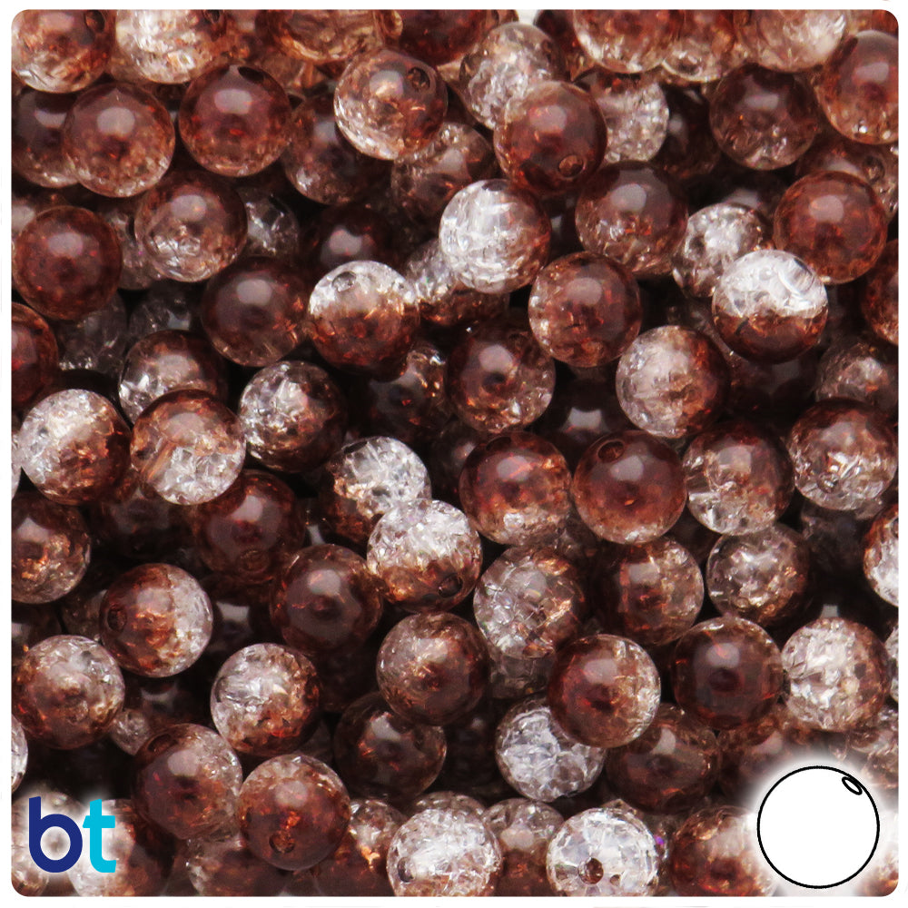 Brown & Clear Transparent 10mm Round Plastic Beads - Crackle Effect (100pcs)