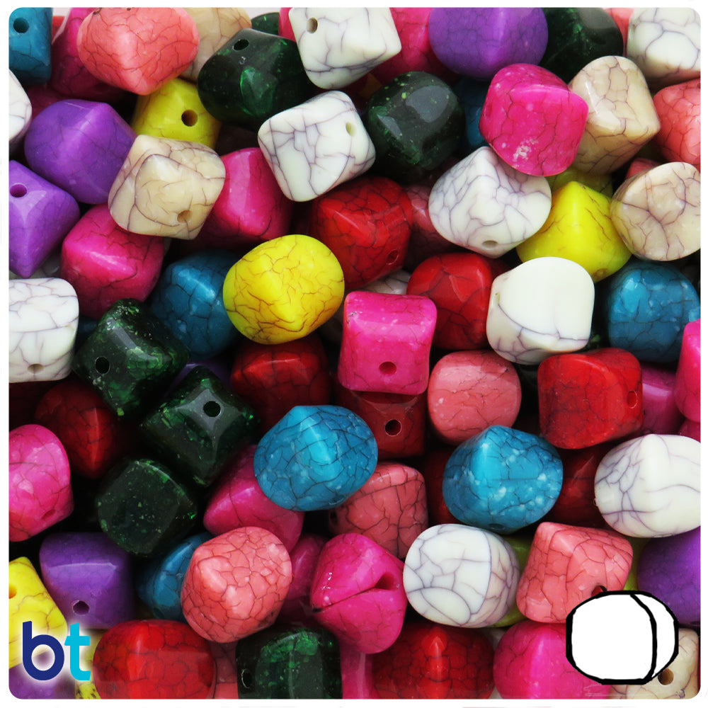 Mixed Opaque 11mm Puffed Cube Plastic Beads - Crackle Effect (56g)