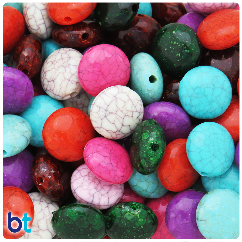 Mixed Opaque 17mm Flat Round Plastic Beads - Crackle Effect (56g)