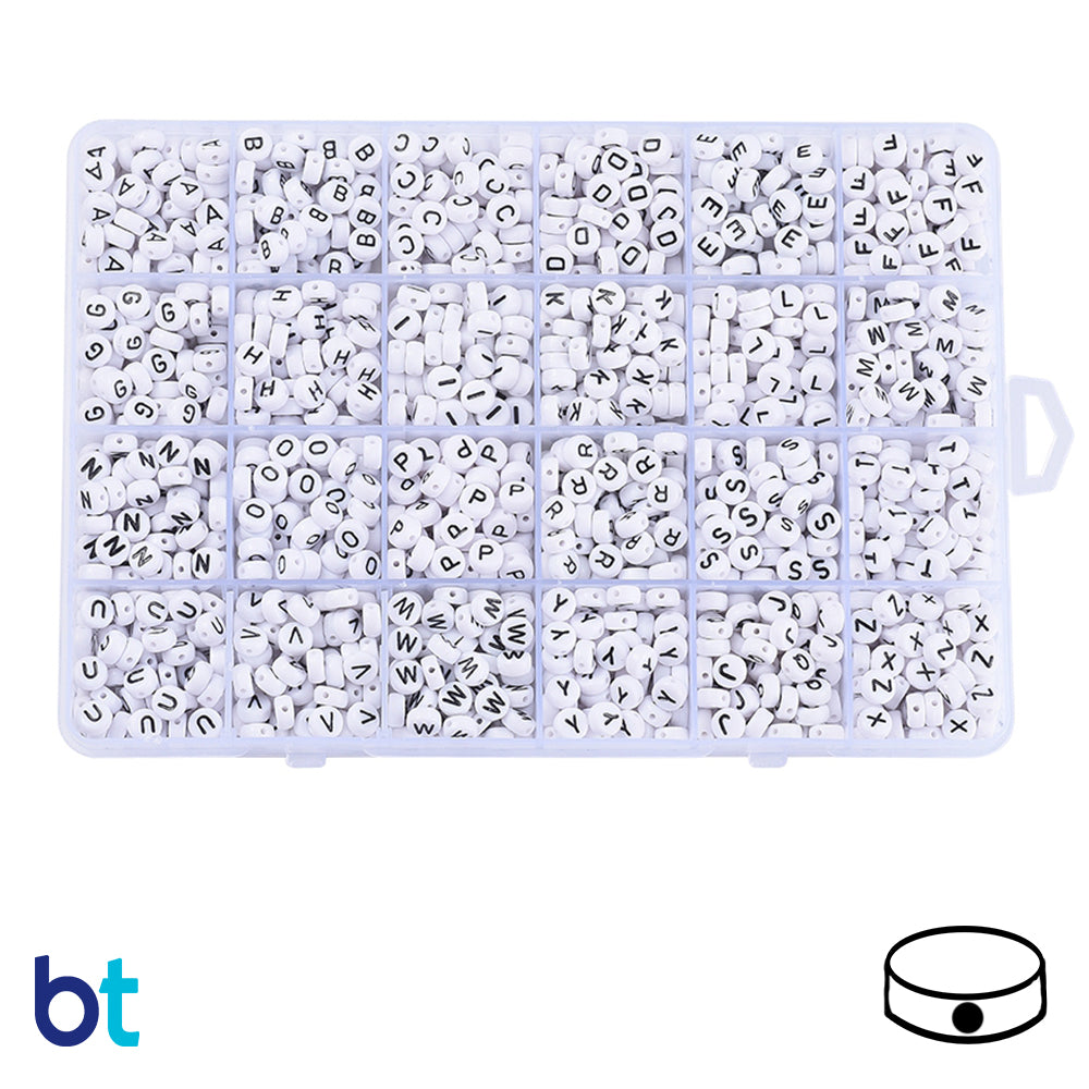 White Opaque 7mm Coin Alpha Beads - Black Letters (Box Set)