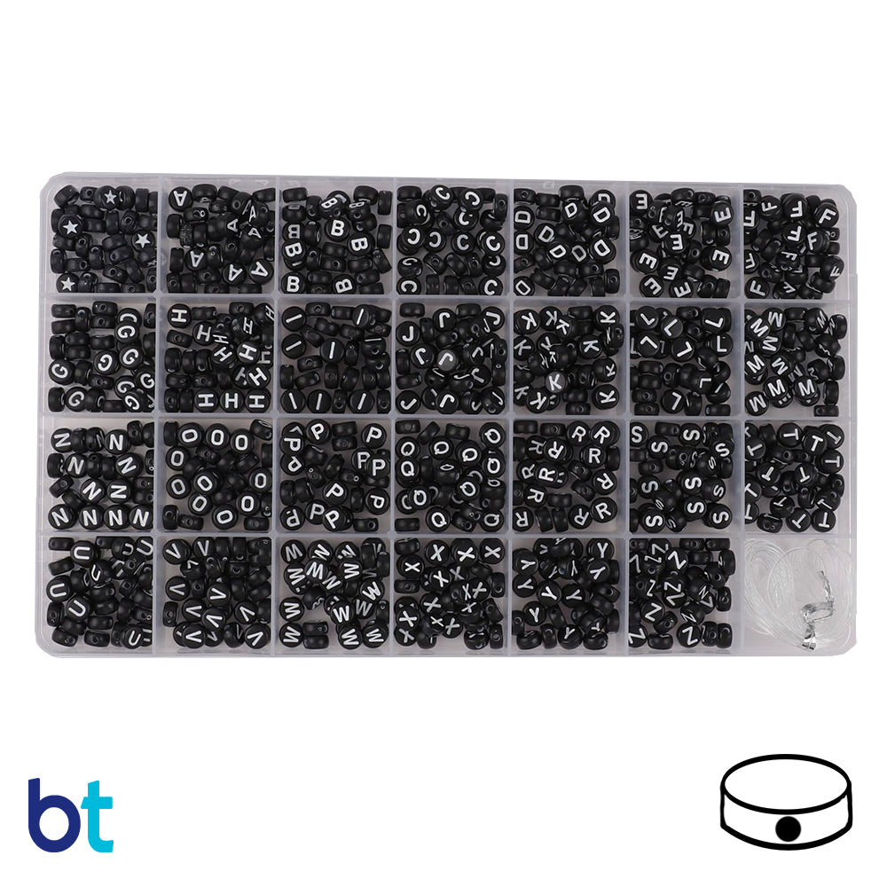 Black Opaque 6.5mm Coin Alpha Beads - White Letters/Stars (Box Set)