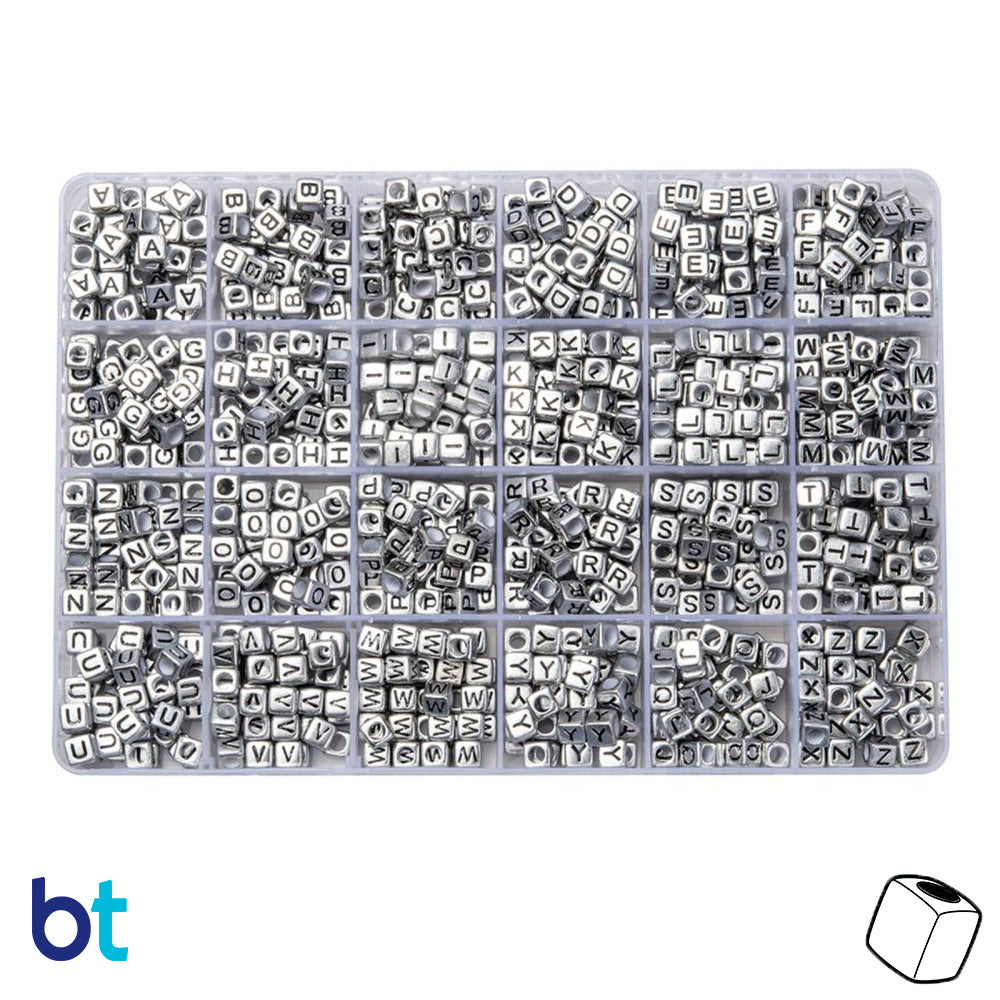 Silver Metallic 6mm Cube Alpha Beads - Black Letters (Box Set)