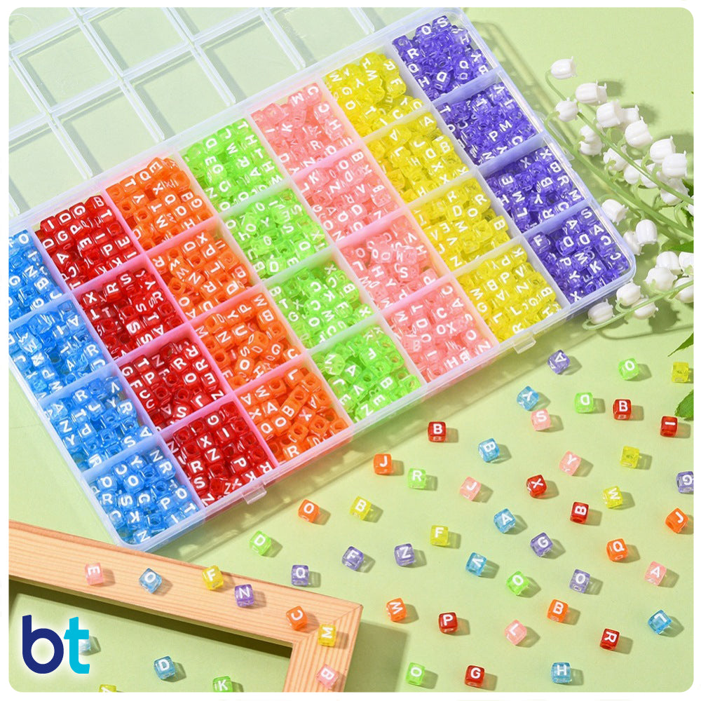 Mixed Transparent 6mm Cube Alpha Beads - White Letters (Box Set)