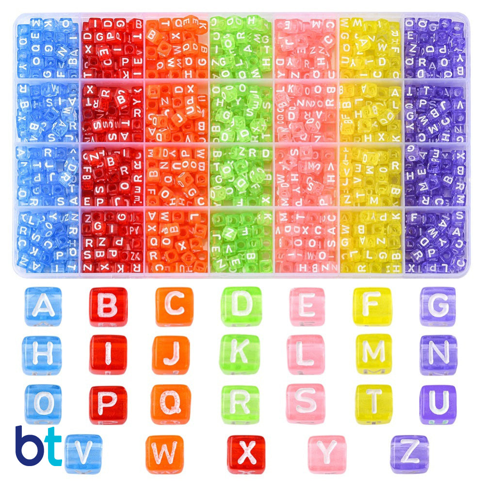 Mixed Transparent 6mm Cube Alpha Beads - White Letters (Box Set)