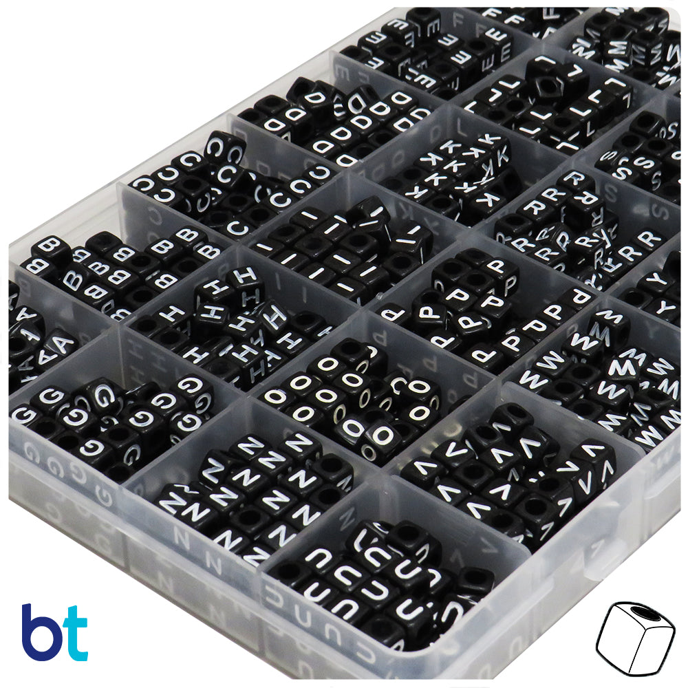 Black Opaque 6mm Cube Alpha Beads - White Letters (Box Set)
