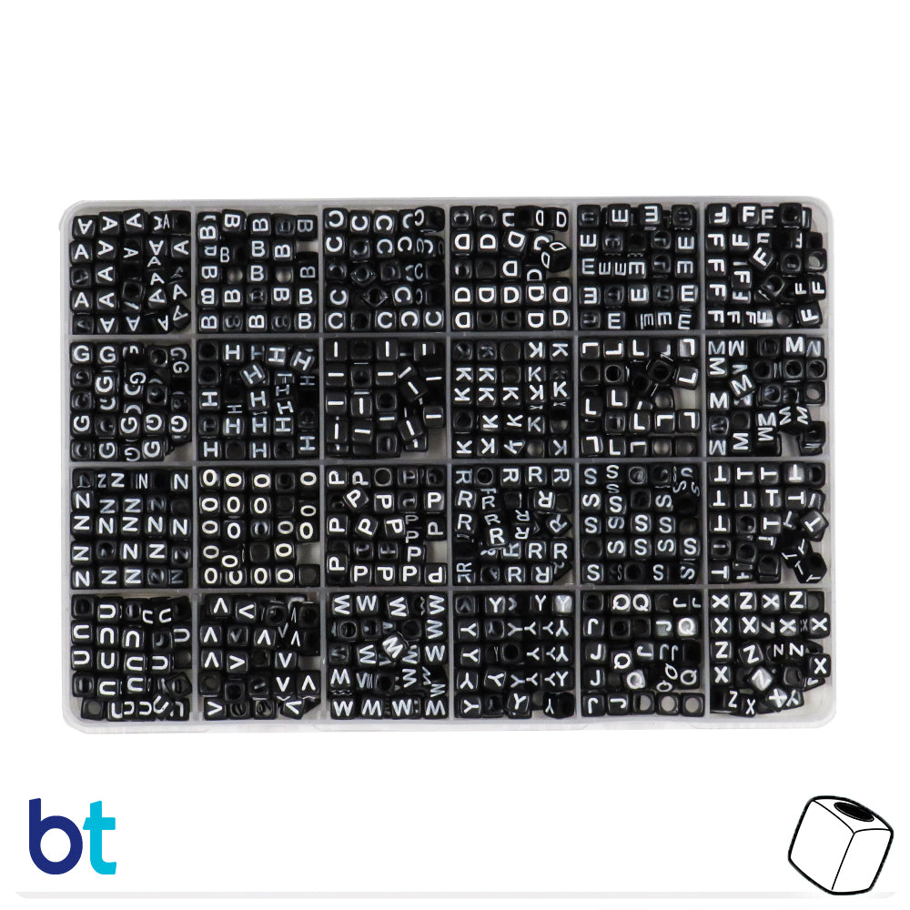 Black Opaque 6mm Cube Alpha Beads - White Letters (Box Set)