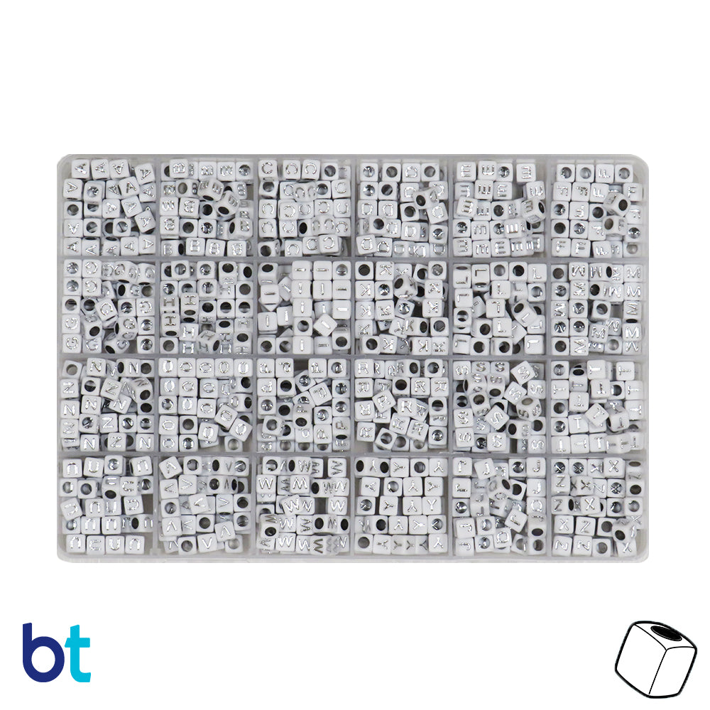 White Opaque 6mm Cube Alpha Beads - Silver Letters (Box Set)