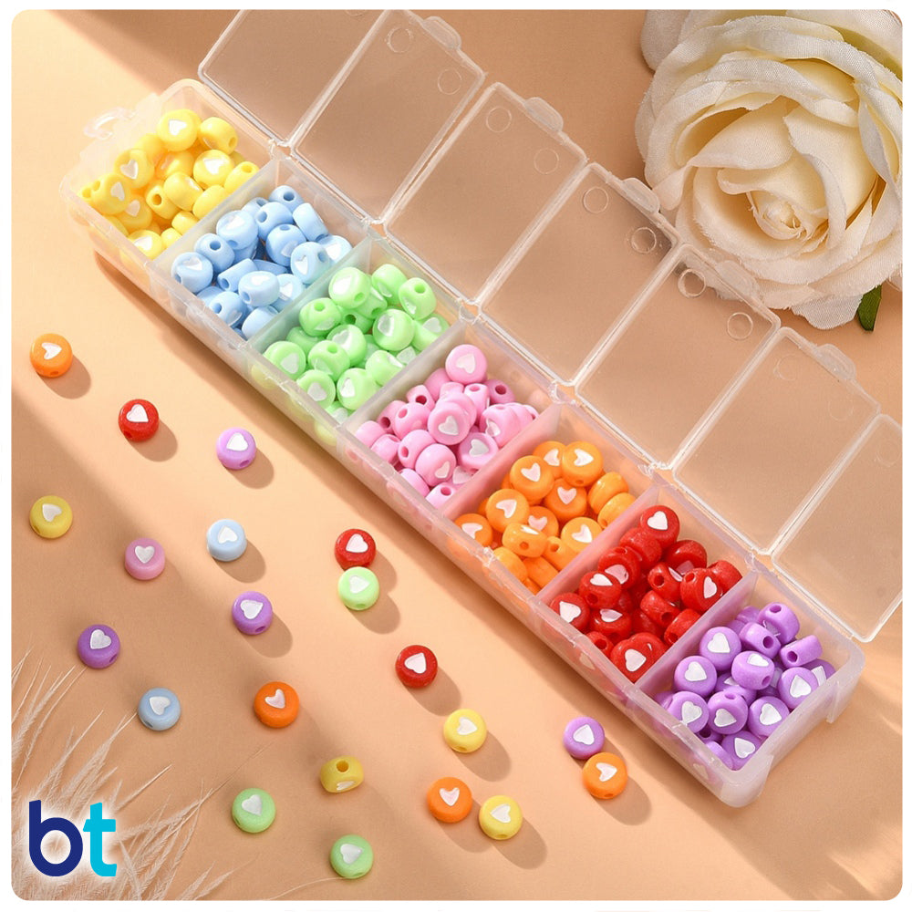 Mixed Opaque 7mm Coin Alpha Beads - White Hearts (Box/7 Colors)