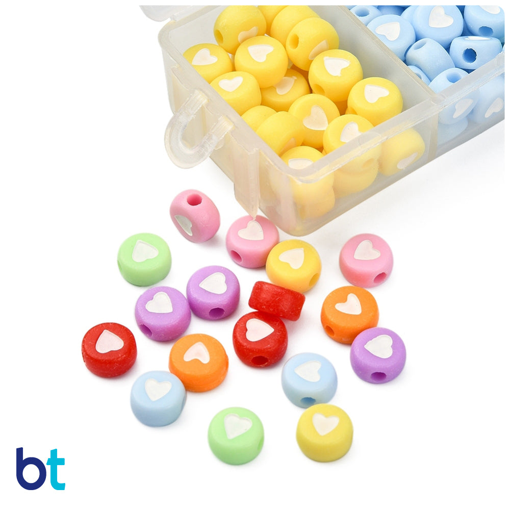Mixed Opaque 7mm Coin Alpha Beads - White Hearts (Box/7 Colors)