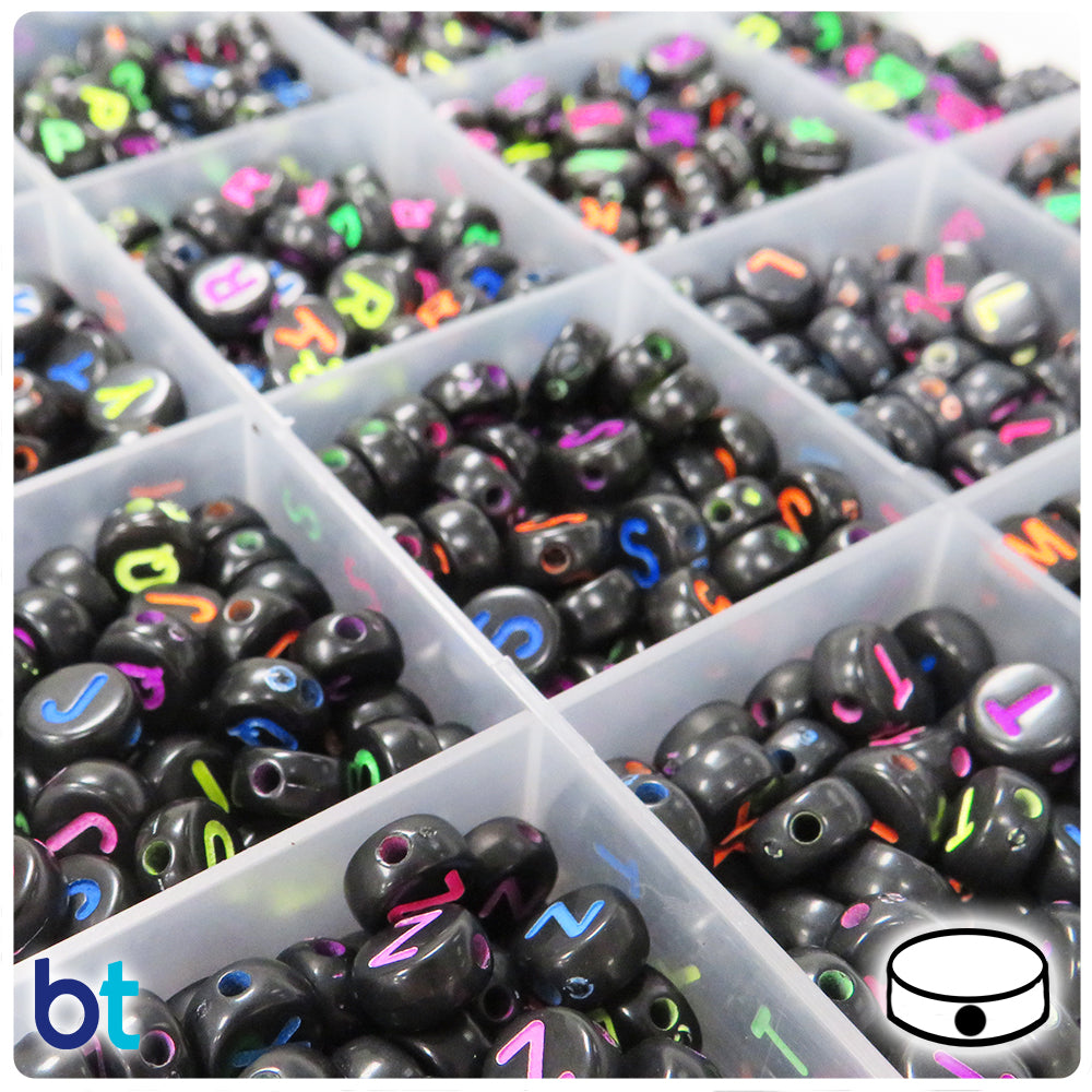 Black Opaque 7mm Coin Alpha Beads - Colored Letters (Box Set)
