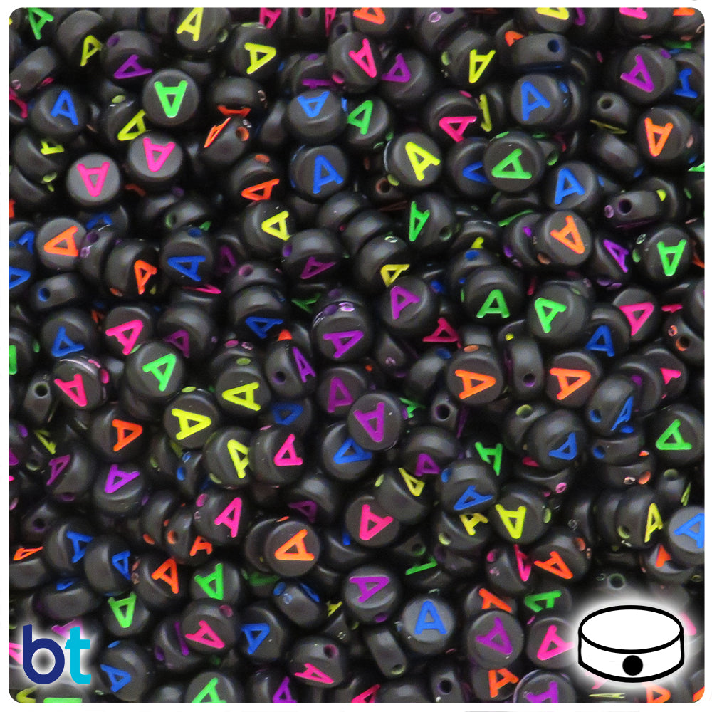 Bulk Buy - Black Opaque 7mm Coin Plastic Alpha Beads - Colored Letters