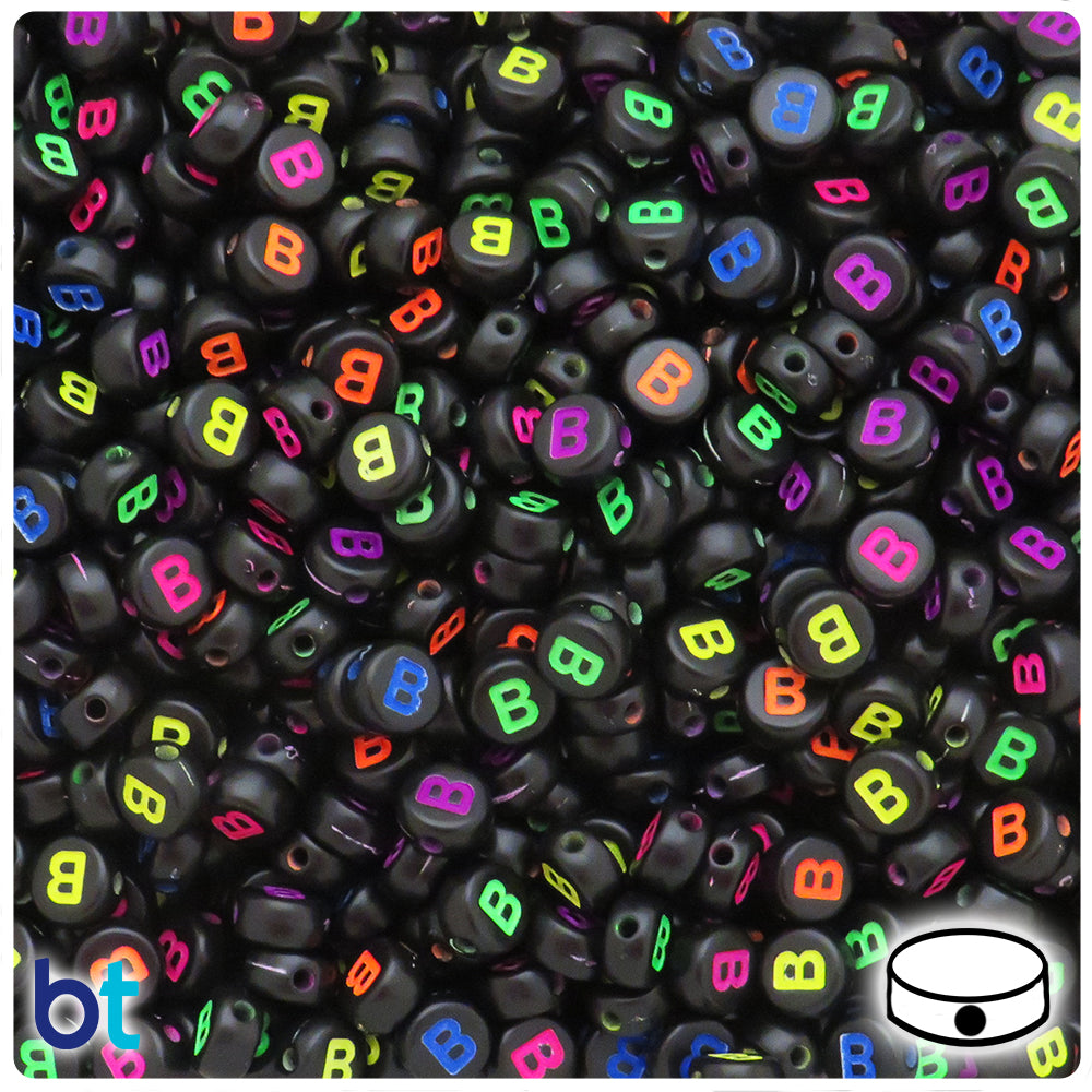 Bulk Buy - Black Opaque 7mm Coin Plastic Alpha Beads - Colored Letters