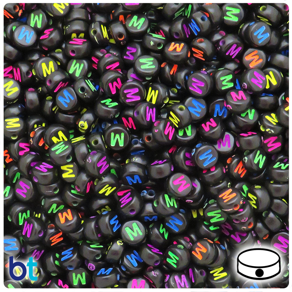 Bulk Buy - Black Opaque 7mm Coin Plastic Alpha Beads - Colored Letters