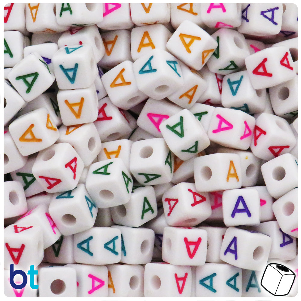 White Opaque 10mm Cube Alpha Beads - Colored Letter A (20pcs)