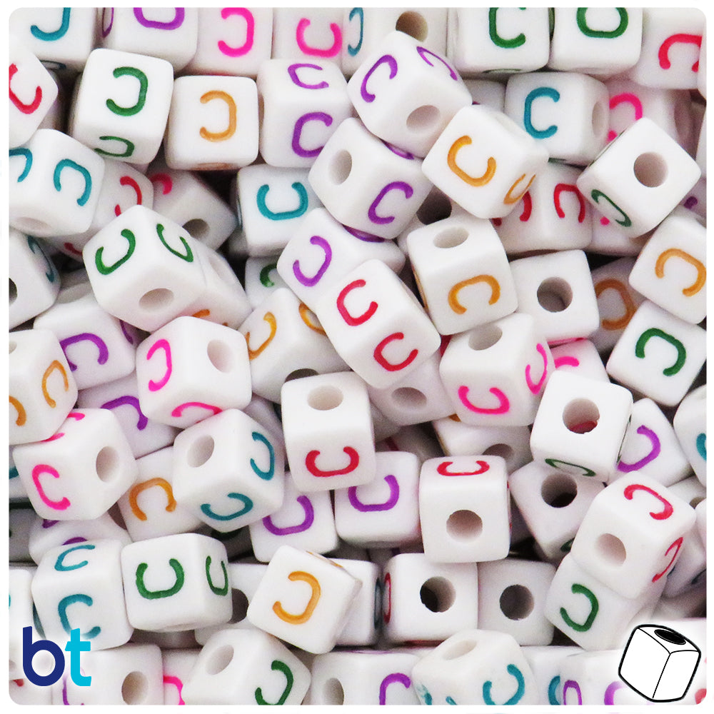 White Opaque 10mm Cube Alpha Beads - Colored Letter C (20pcs)
