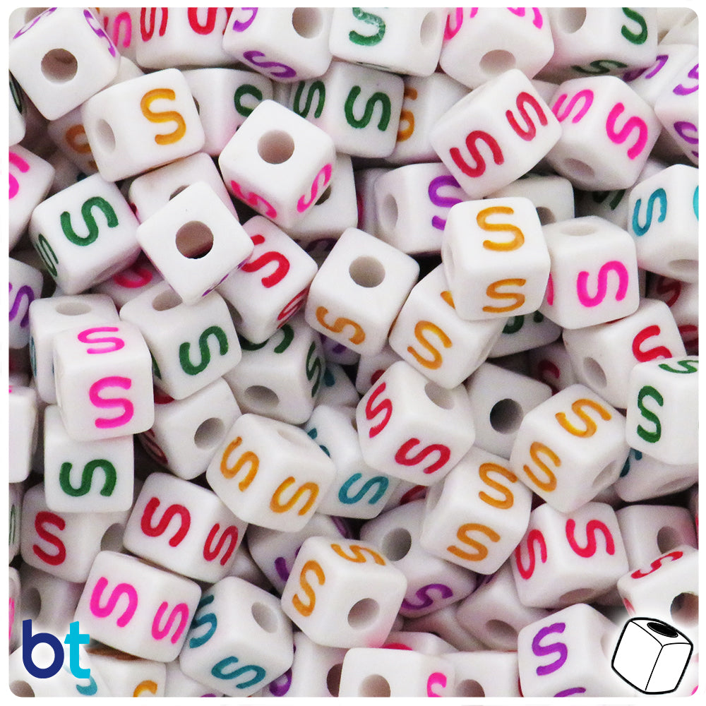 Bulk Buy - White Opaque 10mm Cube Plastic Alpha Beads - Colored Letters