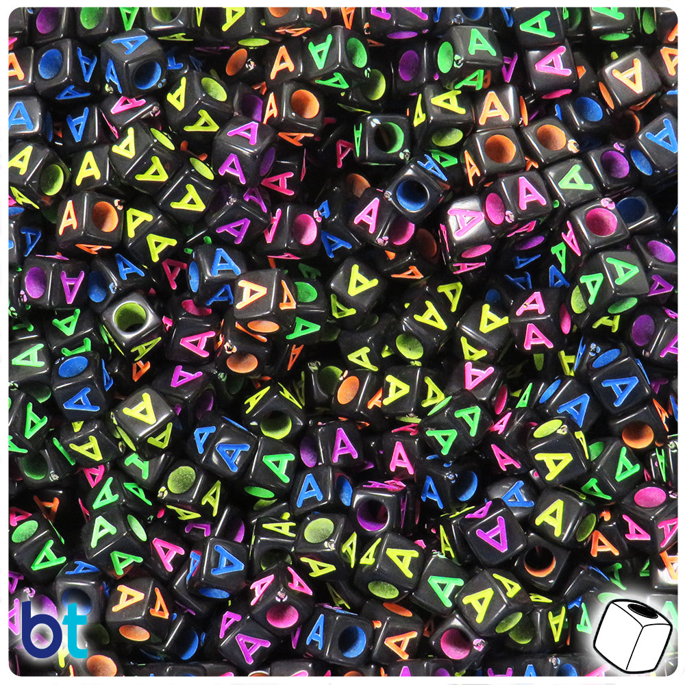 Black Opaque 6mm Cube Alpha Beads - Colored Letter A (80pcs)