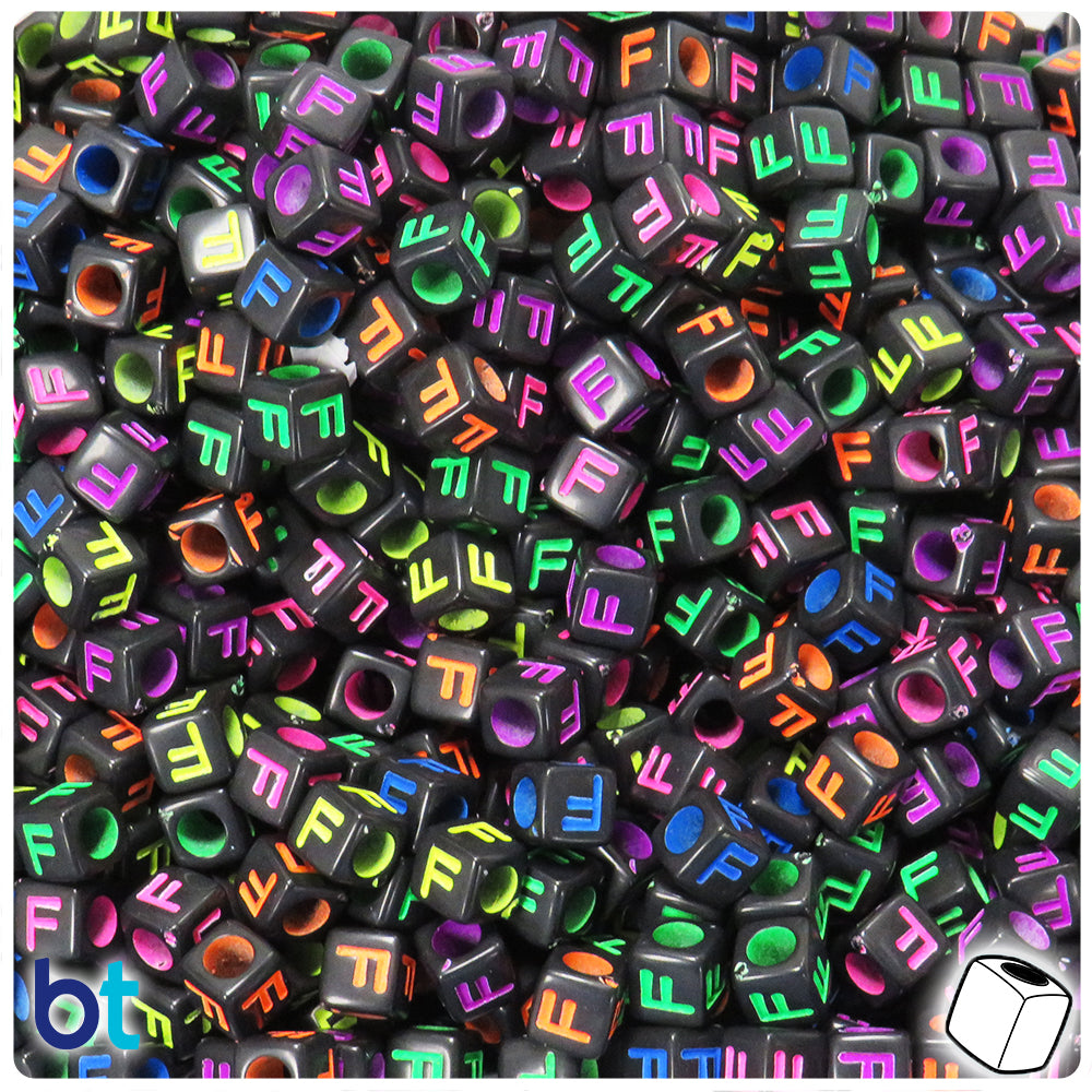 Black Opaque 6mm Cube Alpha Beads - Colored Letter F (80pcs)