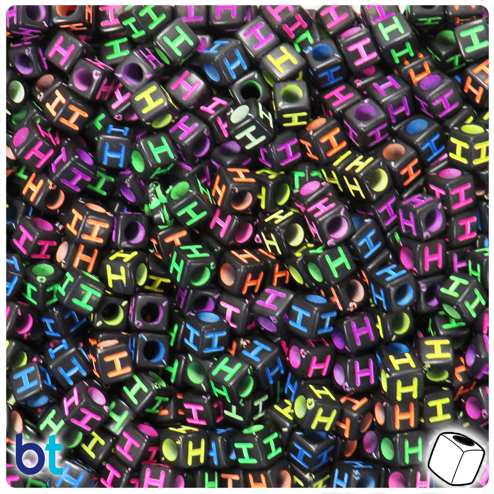 Black Opaque 6mm Cube Alpha Beads - Colored Letter H (80pcs)