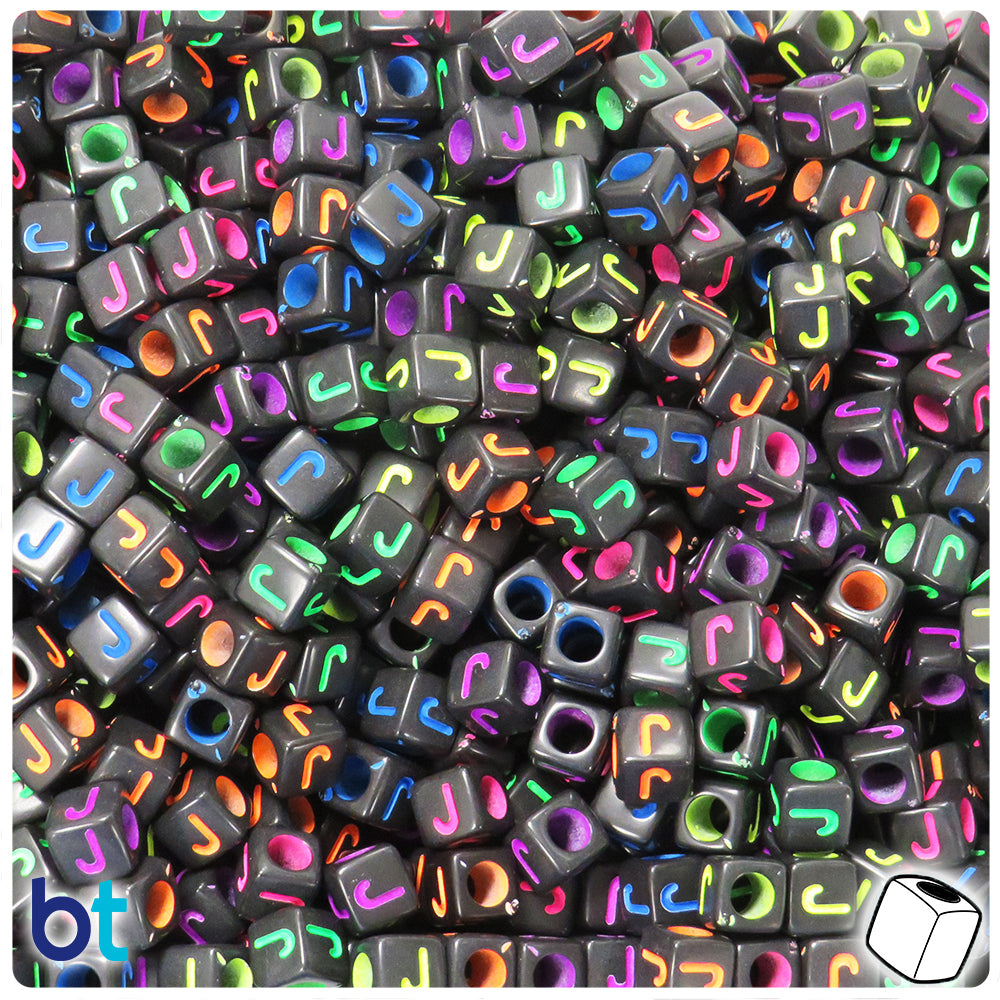 Black Opaque 6mm Cube Alpha Beads - Colored Letter J (80pcs)