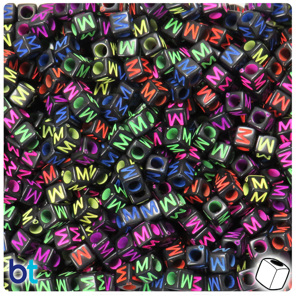 Black Opaque 6mm Cube Alpha Beads - Colored Letter M (80pcs)