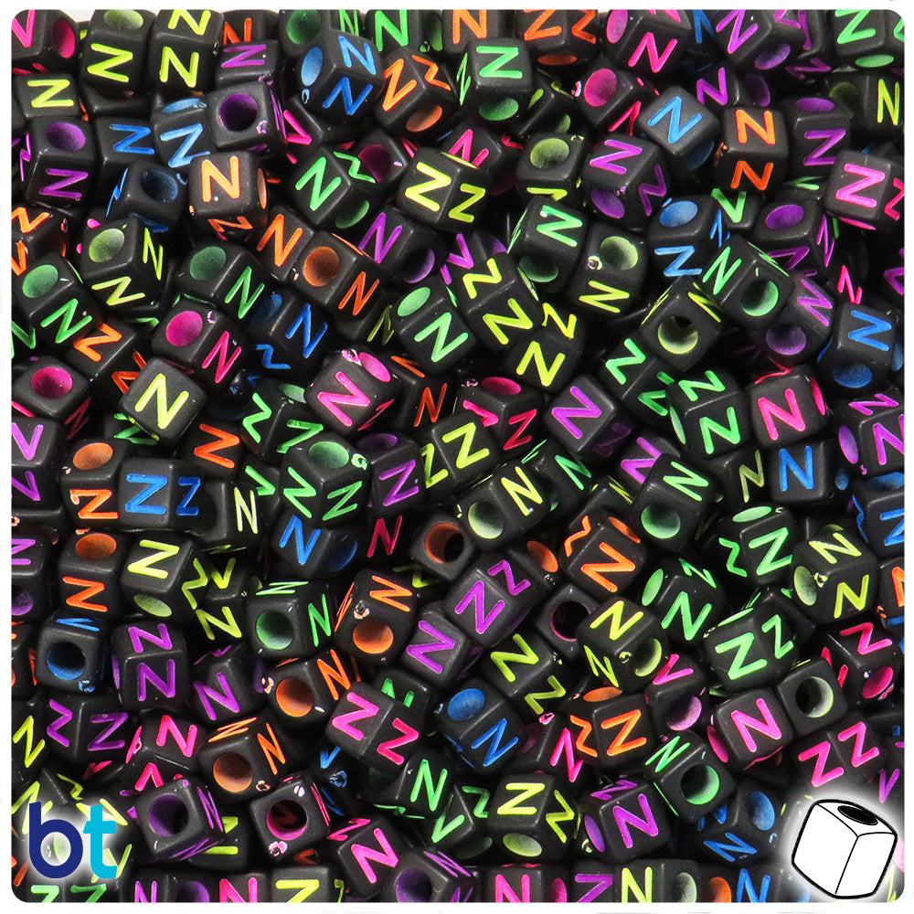 Black Opaque 6mm Cube Alpha Beads - Colored Letter N (80pcs)
