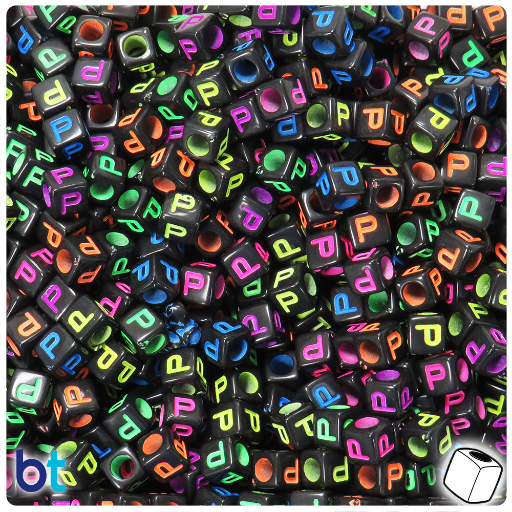 Black Opaque 6mm Cube Alpha Beads - Colored Letter P (80pcs)