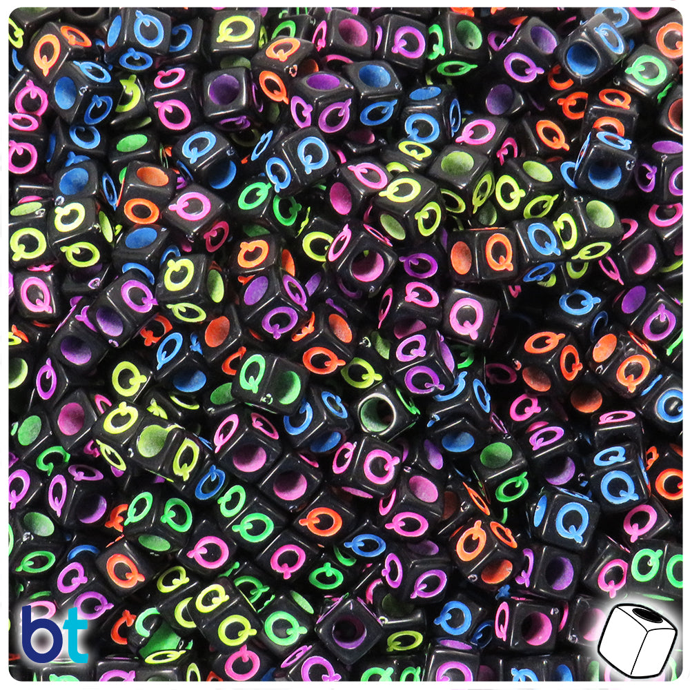 Black Opaque 6mm Cube Alpha Beads - Colored Letter Q (80pcs)