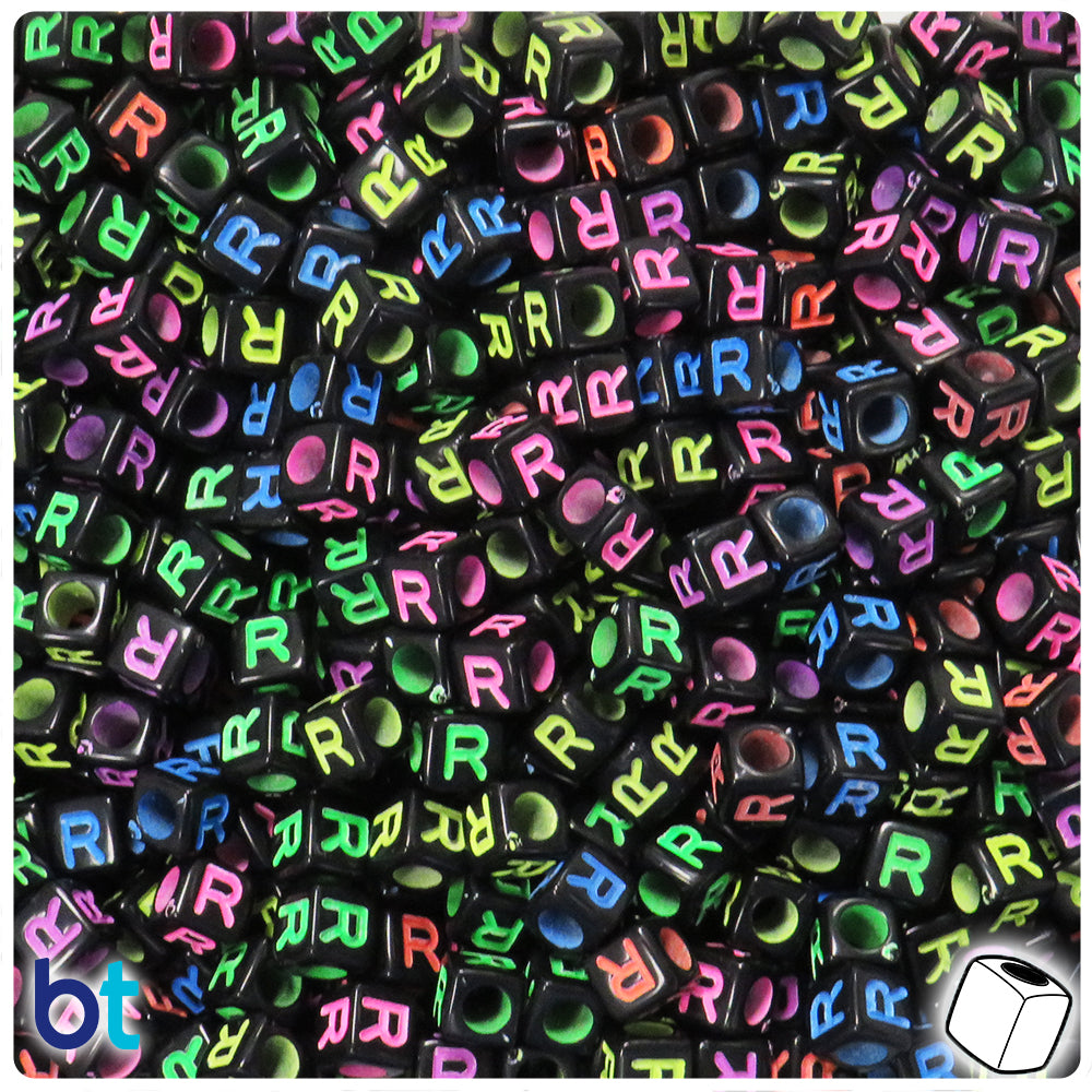 Black Opaque 6mm Cube Alpha Beads - Colored Letter R (80pcs)