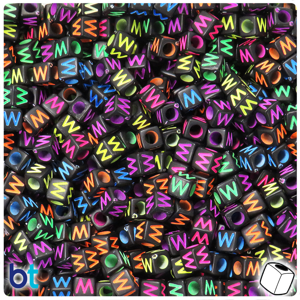 Black Opaque 6mm Cube Alpha Beads - Colored Letter W (80pcs)