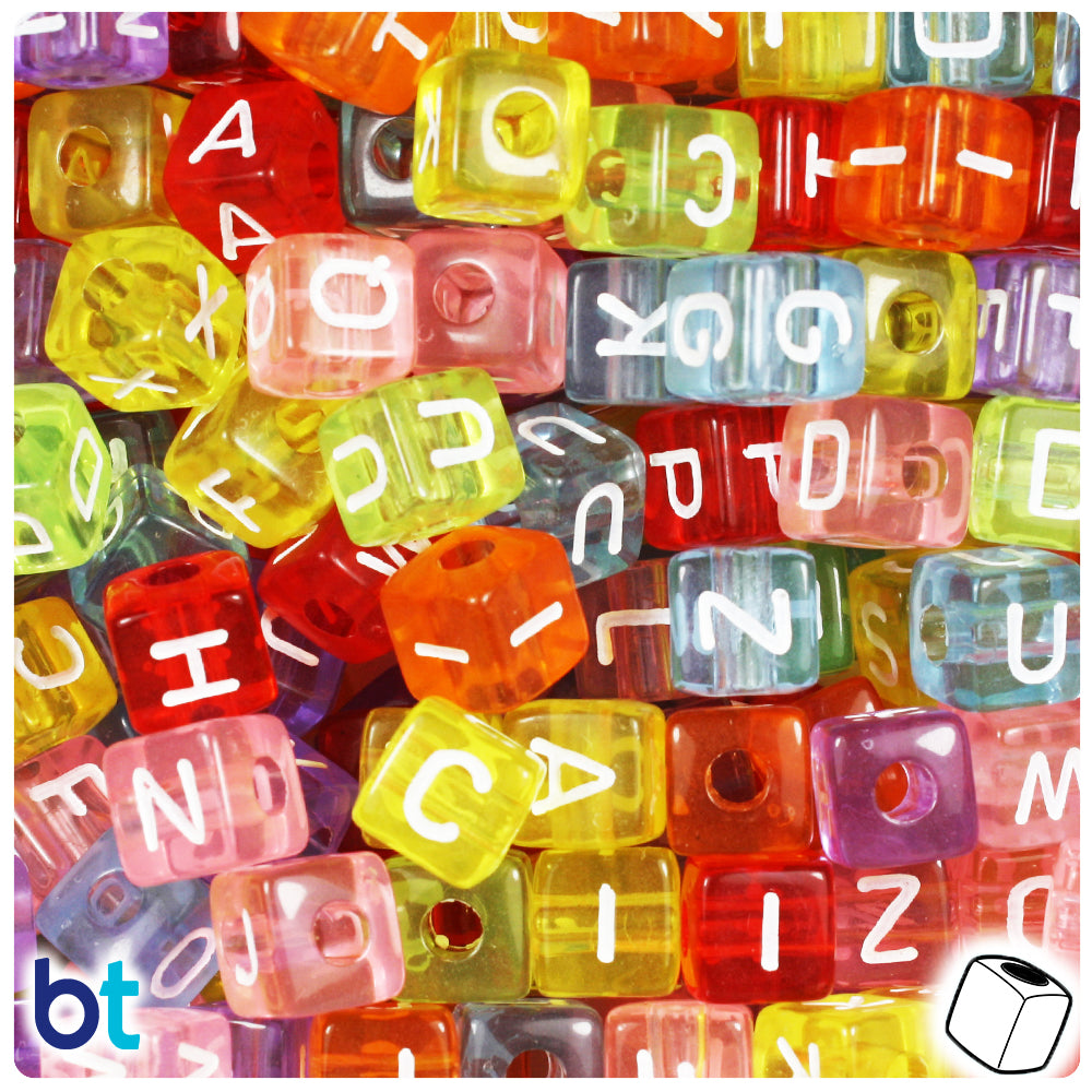 Mixed Transparent 10mm Cube Alpha Beads - White Letter Mix (100pcs)