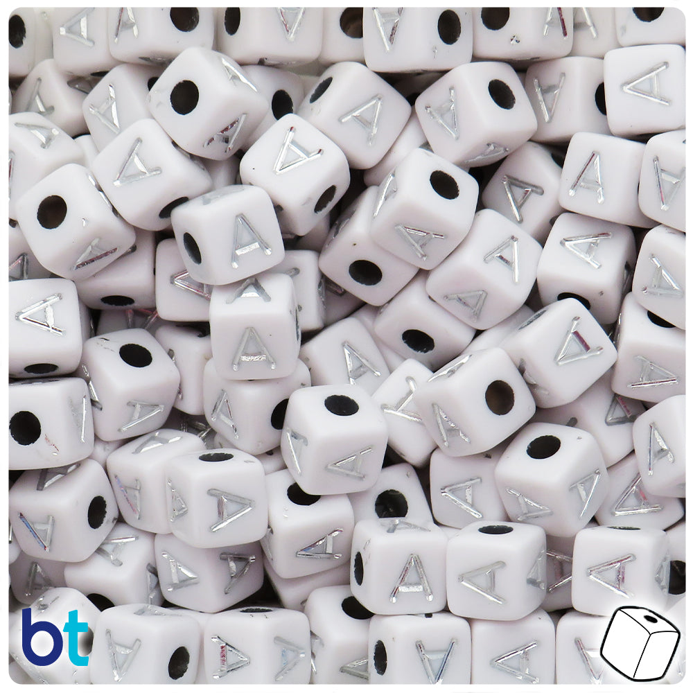 White Opaque 10mm Cube Alpha Beads - Silver Letter A (20pcs)